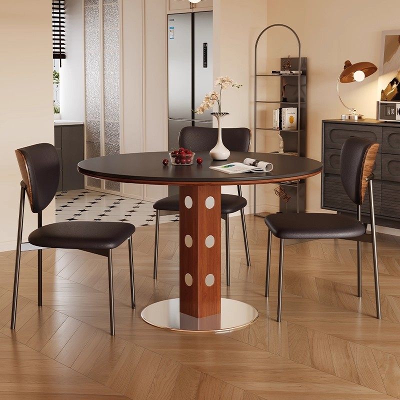 中古风岩板餐桌家用小户型包豪斯圆形饭桌现代简约实木复古洽谈桌